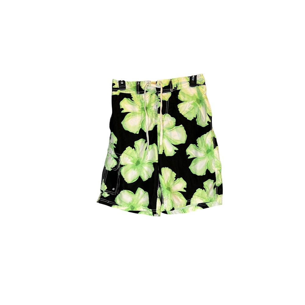RS Surf Mens Medium Board Shorts Black Lime Green Floral Hibiscus Swim Trunks